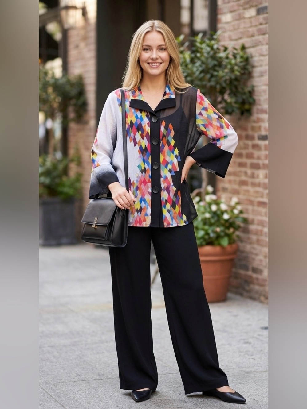 Damee New York Harlequin Geometric Print Sheer Button-Down Shirt art to wear